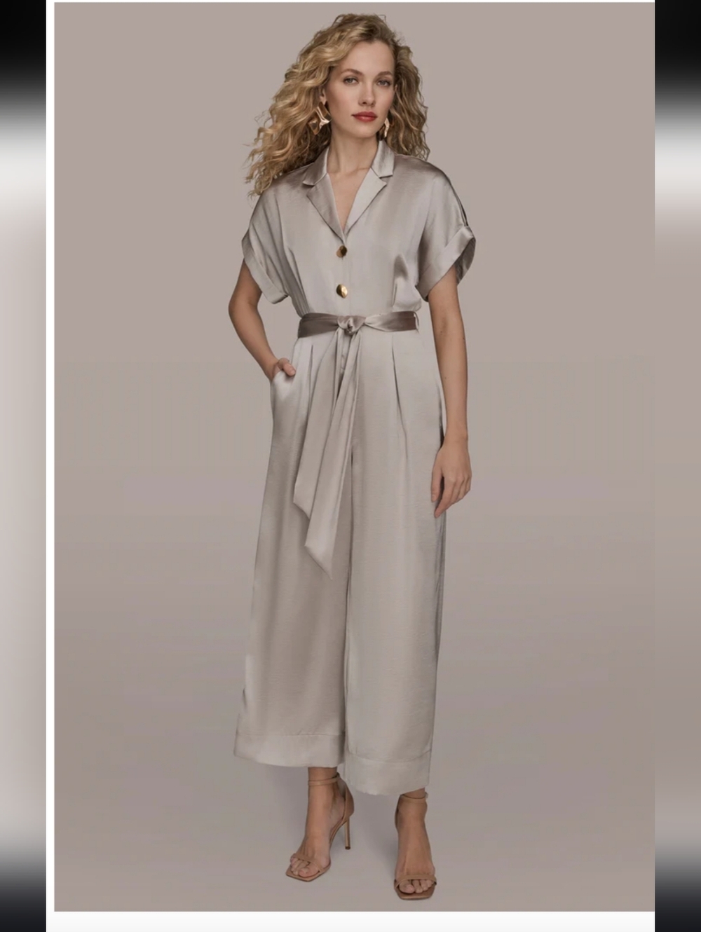 Donna Karan Taupe Satin Belted Jumpsuit